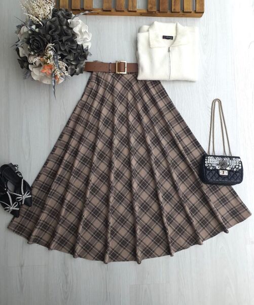 OYFE DERİ KEMERLİ BEL YANDAN FERMUARLI EKOSE KİLOŞ ETEK B7-1-6086-48-BİSKÜVİ - 1