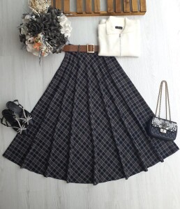 OYFE DERİ KEMERLİ BEL YANDAN FERMUARLI EKOSE KİLOŞ ETEK B7-1-6086-97-KOYU FÜME - 