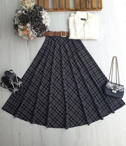 OYFE DERİ KEMERLİ BEL YANDAN FERMUARLI EKOSE KİLOŞ ETEK B7-1-6086-97-KOYU FÜME - 1