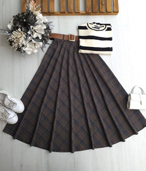 OYFE DERİ KEMERLİ BEL YANDAN FERMUARLI EKOSE KİLOŞ ETEK 6086-98-KOYU KAHVE - 1