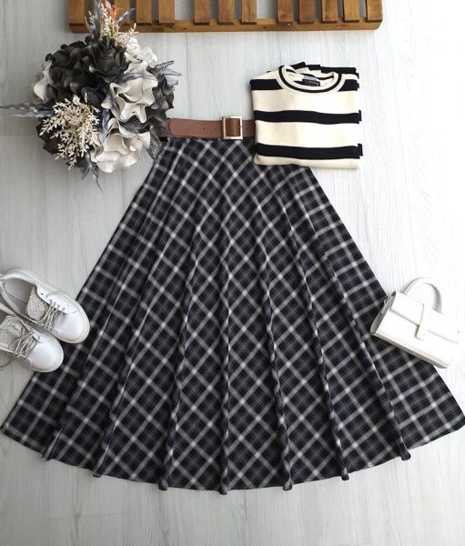 OYFE DERİ KEMERLİ BEL YANDAN FERMUARLI EKOSE KİLOŞ ETEK 6086-99-KOYU ANTRASİT - 1