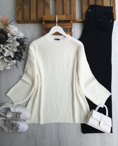 OYMES ÇİZGİ DESENLİ SALAŞ KAZAK 8190-20-BEYAZ - 1