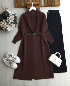 PAQN KEMERLİ ÖNÜ AÇIK SAKAL İPLİK UZUN KAP 8196-37-KAHVE - 