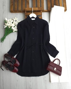 PEBFA TEK CEPLİ BELİ İPLİ GÖMLEK TUNİK 5706-01-SİYAH - 1