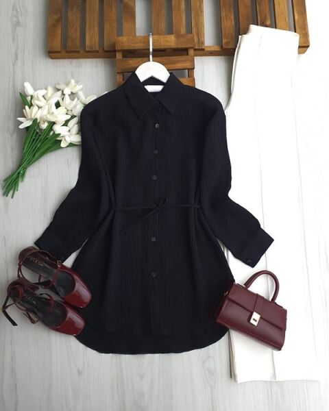 PEBFA TEK CEPLİ BELİ İPLİ GÖMLEK TUNİK 5706-01-SİYAH - 1