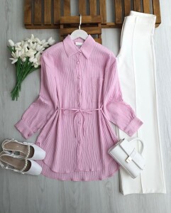 PEBFA TEK CEPLİ BELİ İPLİ GÖMLEK TUNİK 5706-05-PUDRA - 1