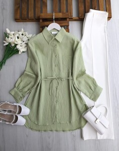 PEBFA TEK CEPLİ BELİ İPLİ GÖMLEK TUNİK 5706-07-YEŞİL - 1