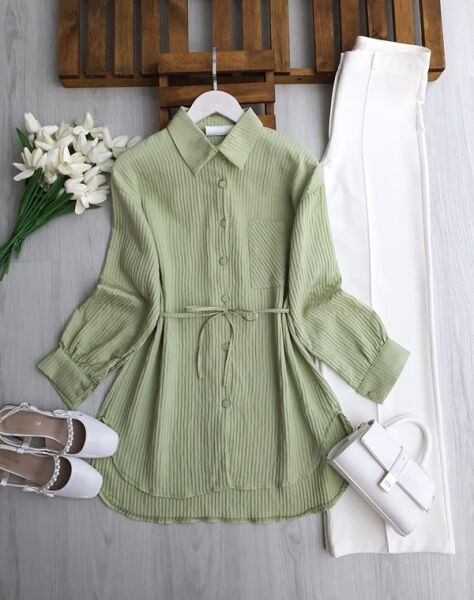 PEBFA TEK CEPLİ BELİ İPLİ GÖMLEK TUNİK 5706-07-YEŞİL - 1