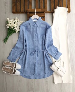 PEBFA TEK CEPLİ BELİ İPLİ GÖMLEK TUNİK 5706-10-MAVİ - 1