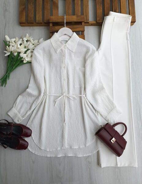 PEBFA TEK CEPLİ BELİ İPLİ GÖMLEK TUNİK 5706-20-BEYAZ - 1