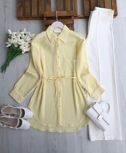 PEBFA TEK CEPLİ BELİ İPLİ GÖMLEK TUNİK 5706-23-SARI - 1