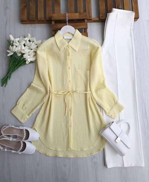 PEBFA TEK CEPLİ BELİ İPLİ GÖMLEK TUNİK 5706-23-SARI - 1