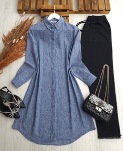 PEBWE GİZLİ DÜĞMELİ KETEN GÖMLEK TUNİK A10-4-5339-12-LACİVERT - 