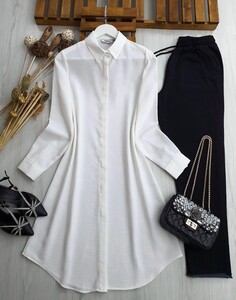 PEBWE GİZLİ DÜĞMELİ KETEN GÖMLEK TUNİK A10-4-5339-20-BEYAZ - 