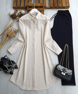 PEBWE GİZLİ DÜĞMELİ KETEN GÖMLEK TUNİK A10-4-5339-34-BEJ - 