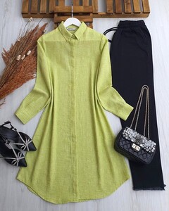 PEBWE GİZLİ DÜĞMELİ KETEN GÖMLEK TUNİK C5-4-5339-70-YAĞ YEŞİLİ - 