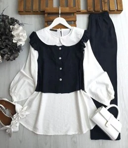 PECA BEBE YAKA İÇ TUNİK OMUZ FIRFIRLI YELEKLİ ÜÇLÜ TAKIM A10-1-1645-01-SİYAH - 