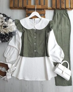 PECA BEBE YAKA İÇ TUNİK OMUZ FIRFIRLI YELEKLİ ÜÇLÜ TAKIM A10-1-1645-09-HAKİ - 1