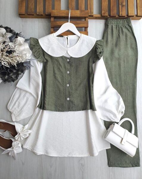 PECA BEBE YAKA İÇ TUNİK OMUZ FIRFIRLI YELEKLİ ÜÇLÜ TAKIM A10-1-1645-09-HAKİ - 1