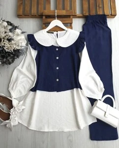 PECA BEBE YAKA İÇ TUNİK OMUZ FIRFIRLI YELEKLİ ÜÇLÜ TAKIM A10-1-1645-12-LACİVERT - 1