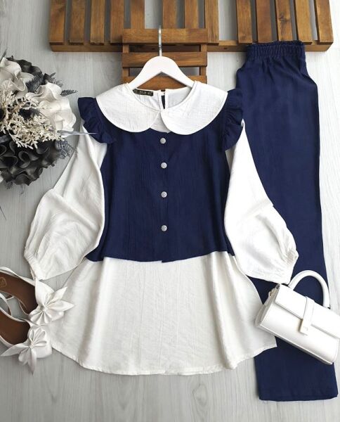 PECA BEBE YAKA İÇ TUNİK OMUZ FIRFIRLI YELEKLİ ÜÇLÜ TAKIM A10-1-1645-12-LACİVERT - 1