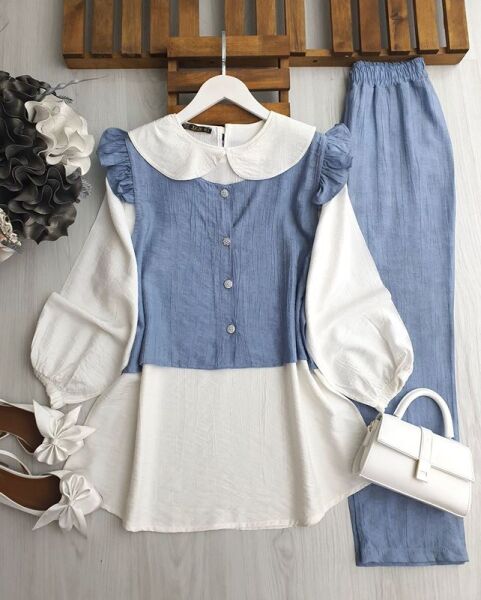 PECA BEBE YAKA İÇ TUNİK OMUZ FIRFIRLI YELEKLİ ÜÇLÜ TAKIM A10-1-1645-13-BEBE MAVİSİ - 1