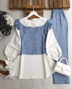 PECA BEBE YAKA İÇ TUNİK OMUZ FIRFIRLI YELEKLİ ÜÇLÜ TAKIM 1645-13-BEBE MAVİSİ - 