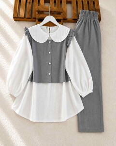 PECA BEBE YAKA İÇ TUNİK OMUZ FIRFIRLI YELEKLİ ÜÇLÜ TAKIM B11-3-1645-26-GRİ - 