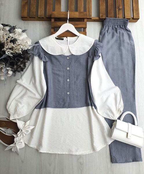 PECA BEBE YAKA İÇ TUNİK OMUZ FIRFIRLI YELEKLİ ÜÇLÜ TAKIM A10-1-1645-26-GRİ - 1