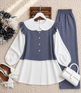 PECA BEBE YAKA İÇ TUNİK OMUZ FIRFIRLI YELEKLİ ÜÇLÜ TAKIM A10-1-1645-26-GRİ - 