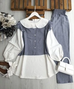 PECA BEBE YAKA İÇ TUNİK OMUZ FIRFIRLI YELEKLİ ÜÇLÜ TAKIM A10-1-1645-26-GRİ - 