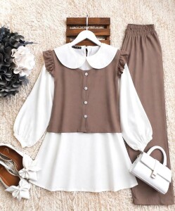 PECA BEBE YAKA İÇ TUNİK OMUZ FIRFIRLI YELEKLİ ÜÇLÜ TAKIM A10-1-1645-37-KAHVE - 