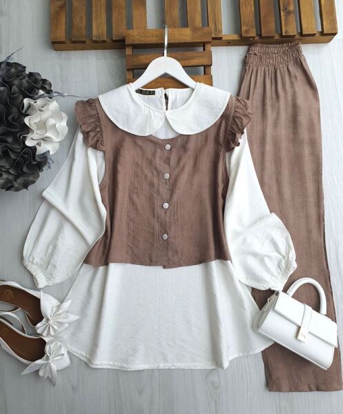 PECA BEBE YAKA İÇ TUNİK OMUZ FIRFIRLI YELEKLİ ÜÇLÜ TAKIM A10-1-1645-37-KAHVE - 1