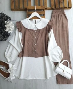 PECA BEBE YAKA İÇ TUNİK OMUZ FIRFIRLI YELEKLİ ÜÇLÜ TAKIM 1645-37-KAHVE - 