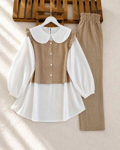 PECA BEBE YAKA İÇ TUNİK OMUZ FIRFIRLI YELEKLİ ÜÇLÜ TAKIM B11-3-1645-48-BİSKÜVİ - 