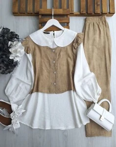 PECA BEBE YAKA İÇ TUNİK OMUZ FIRFIRLI YELEKLİ ÜÇLÜ TAKIM 1645-48-BİSKÜVİ - 