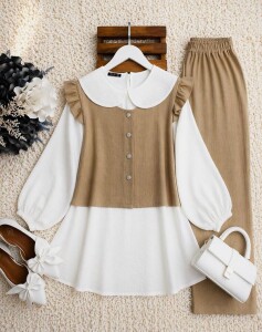 PECA BEBE YAKA İÇ TUNİK OMUZ FIRFIRLI YELEKLİ ÜÇLÜ TAKIM A10-1-1645-48-BİSKÜVİ - 