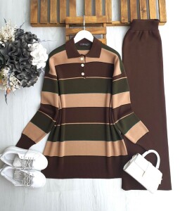 PEFD RENK GEÇİŞLİ YAKALI TRİKO TAKIM C1-8172-37-KAHVE - 