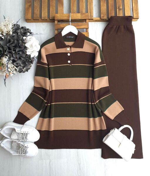 PEFD RENK GEÇİŞLİ YAKALI TRİKO TAKIM C1-8172-37-KAHVE - 1