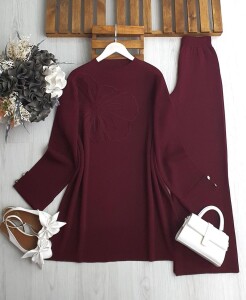 PELAY ÇİÇEK KABARTMALI KIVRIK KOL TRİKO TAKIM 8144-04-BORDO - 