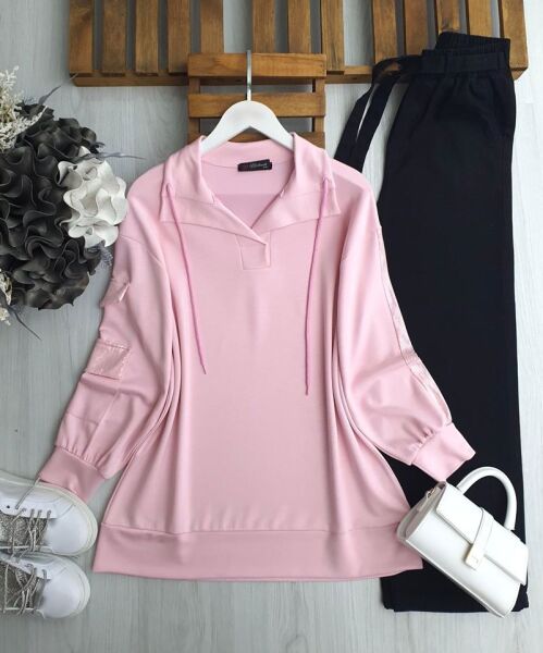 PELİM KOL PUL PAYET CEP VE ŞERİTLİ TUNİK 5629-05-PUDRA - 1