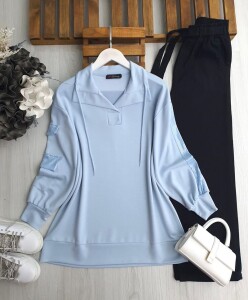 PELİM KOL PUL PAYET CEP VE ŞERİTLİ TUNİK 5629-10-MAVİ - 