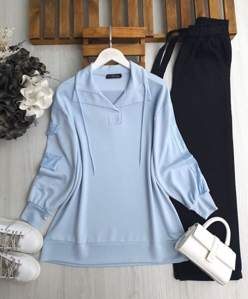 PELİM KOL PUL PAYET CEP VE ŞERİTLİ TUNİK 5629-10-MAVİ - 1