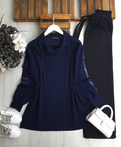 PELİM KOL PUL PAYET CEP VE ŞERİTLİ TUNİK 5629-12-LACİVERT - 