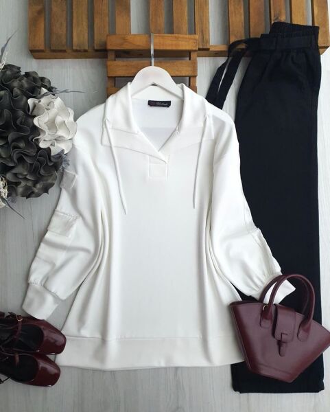 PELİM KOL PUL PAYET CEP VE ŞERİTLİ TUNİK 5629-20-BEYAZ - 1