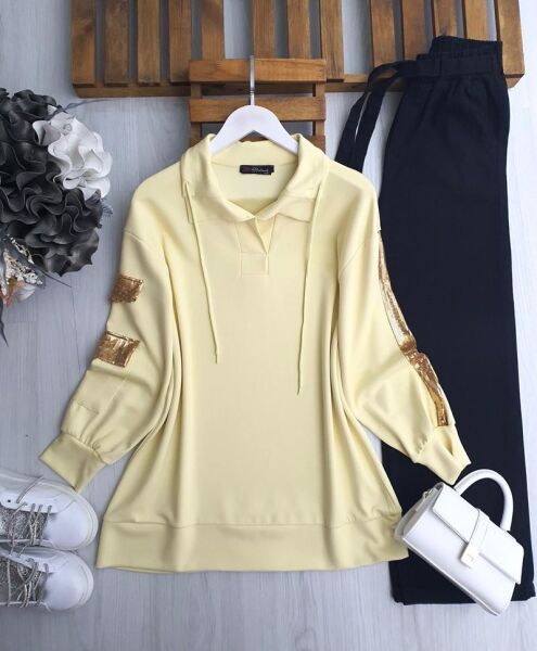 PELİM KOL PUL PAYET CEP VE ŞERİTLİ TUNİK 5629-23-SARI - 1