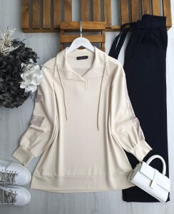 PELİM KOL PUL PAYET CEP VE ŞERİTLİ TUNİK 5629-34-BEJ - 