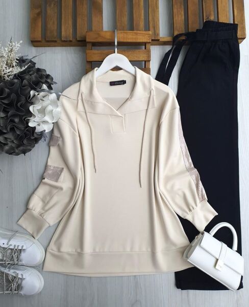 PELİM KOL PUL PAYET CEP VE ŞERİTLİ TUNİK 5629-34-BEJ - 1