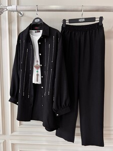 PELO ŞERİT TAŞ İŞLEMELİ KETEN İKİLİ TAKIM A6-2-1480-01-SİYAH - 