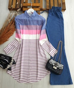 PERSA RENKLİ ÇİZGİLİ GÖMLEK TUNİK C8-5309-47-PEMBE - 
